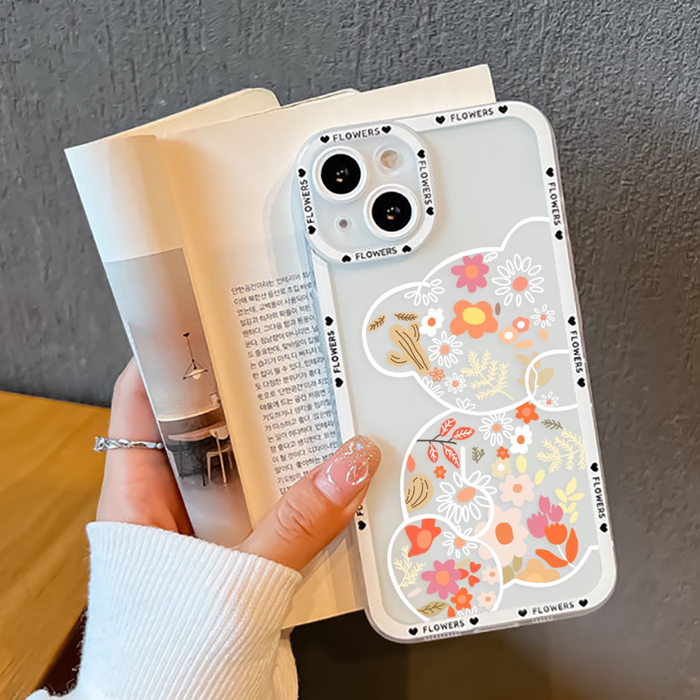 Soft Case Silikon Motif Bunga / Beruang Untuk iPhone 13 12 11 Pro Max X XR XS Max 7 8 Plus SE 2020