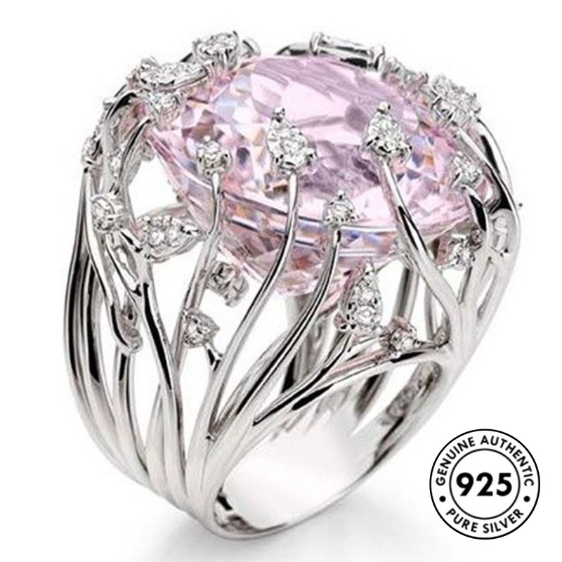 Cincin Sterling Silver 925 Dengan Kristal Warna Pink Untuk Wanita