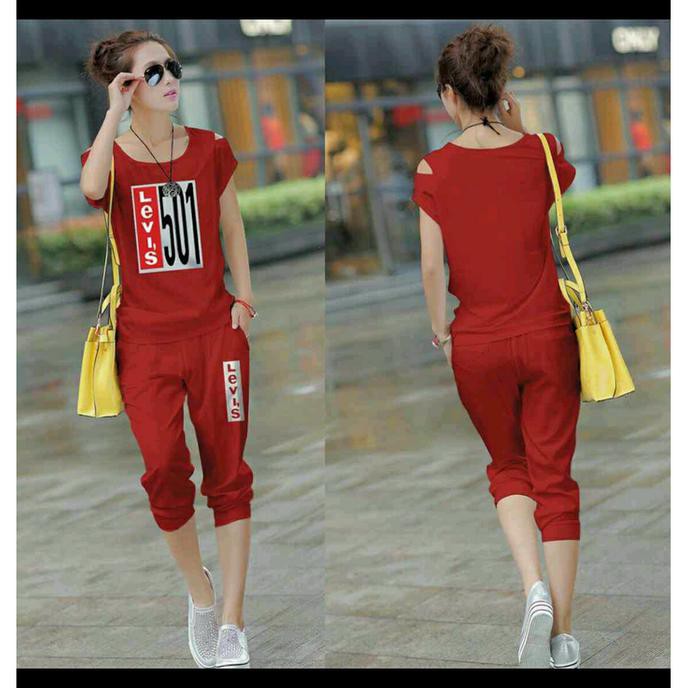 FREEONGKIR Setelan Baju Wanita / Baju Senam Sport / Baju Santai Wanita / Kaos BBZ384