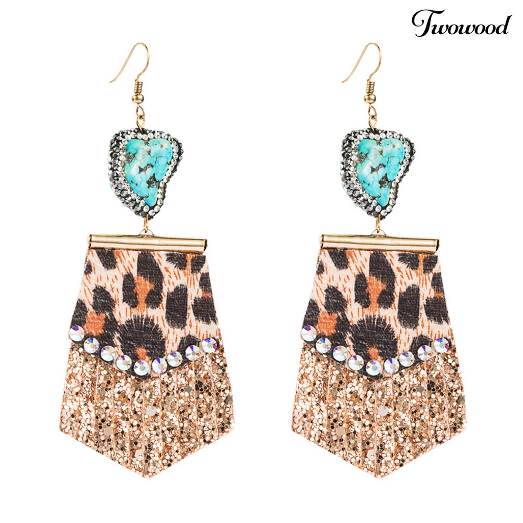 1 Pasang Anting Kait Rumbai Motif Print Leopard Bahan Kulit Tiruan Aksen Berlian Imitasi Untuk Wanita