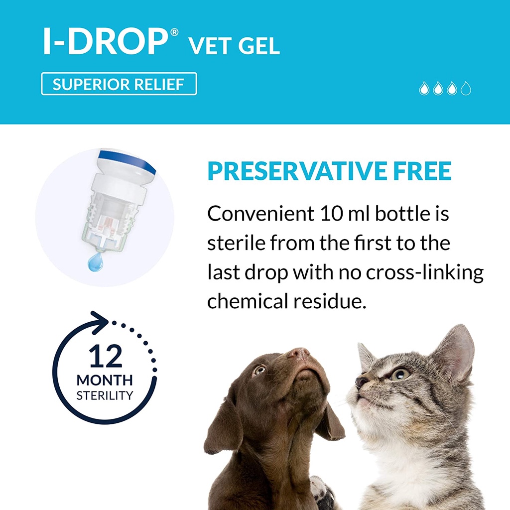 I-DROP VET GEL Lubricating Eye Drops for Pets: for Moderate to Severe Dry Eyes, Superior Comfort with Fewer Applications Needed, 0.30% Hyaluronan, Preservative-free, Non-irritating, One Bottle (10 Ml)