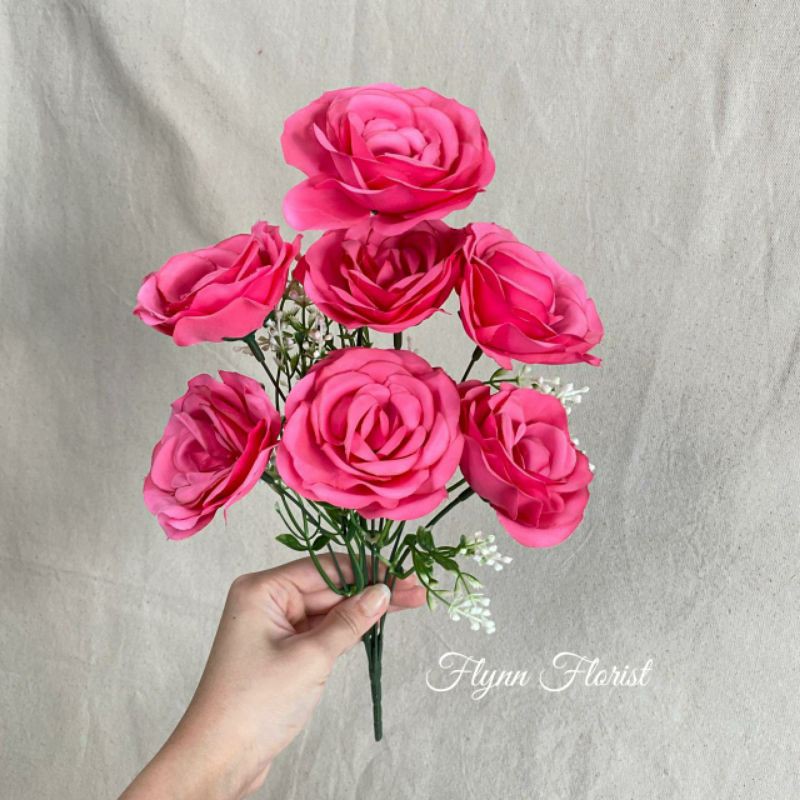 Bunga Mawar Impor Rose Paris Kombinasi x7 (satuan) Bunga Artificial / Bunga Plastik / Bunga Dekorasi-Magenta