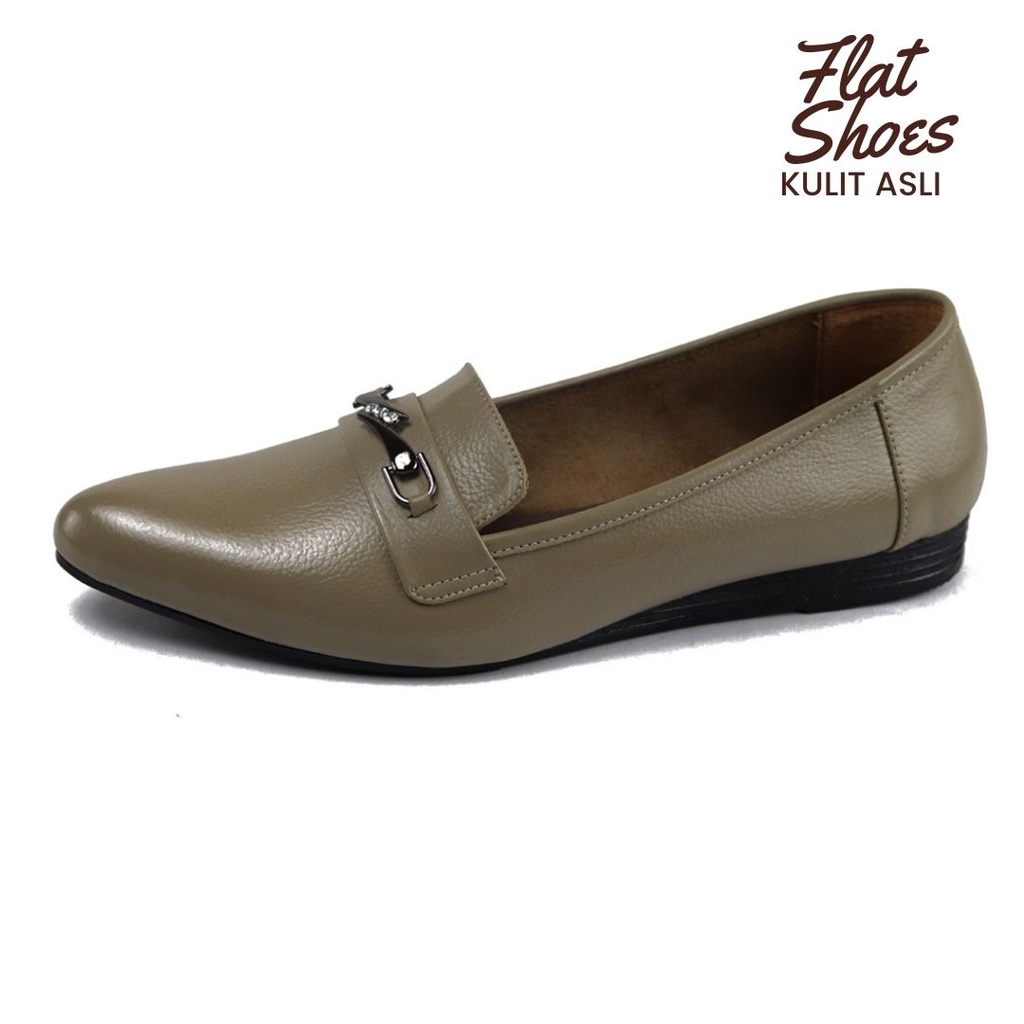 Sepatu Wanita Flat Pantofel Kerja Bahan Kulit Asli CPC 1305 Cream