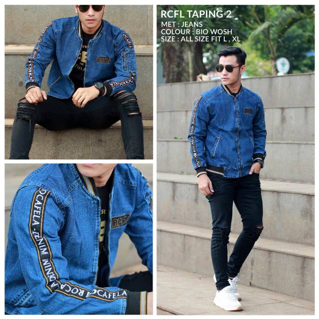 [COD] JAKET JEANS BORDIR LIST ROCAFELA / JAKET BOMBER JEANS TAPING BORDIR ROCAFELA