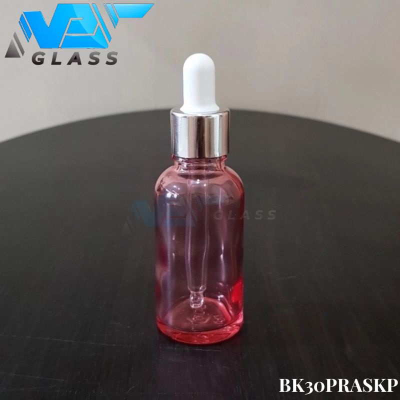 botol kaca pipet 30ml pink clear - ring almunium silver