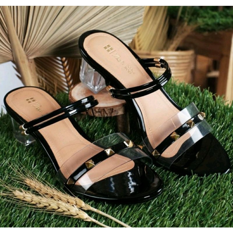 Original, Sepatu Hak Kaca Wanita Big Size 41-45 Slop Kaca JUMBO Cantik Heels Pesta 5cm Hak Tahu, Best Seller