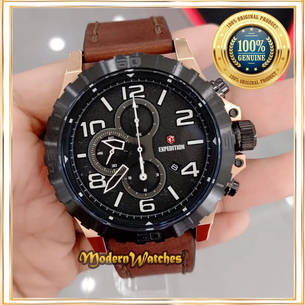 Jam Tangan Ori Pria Expedition E 6778 Full Black Hitam Brown Tali Kulit Leather Sporty Terlaris Cowo