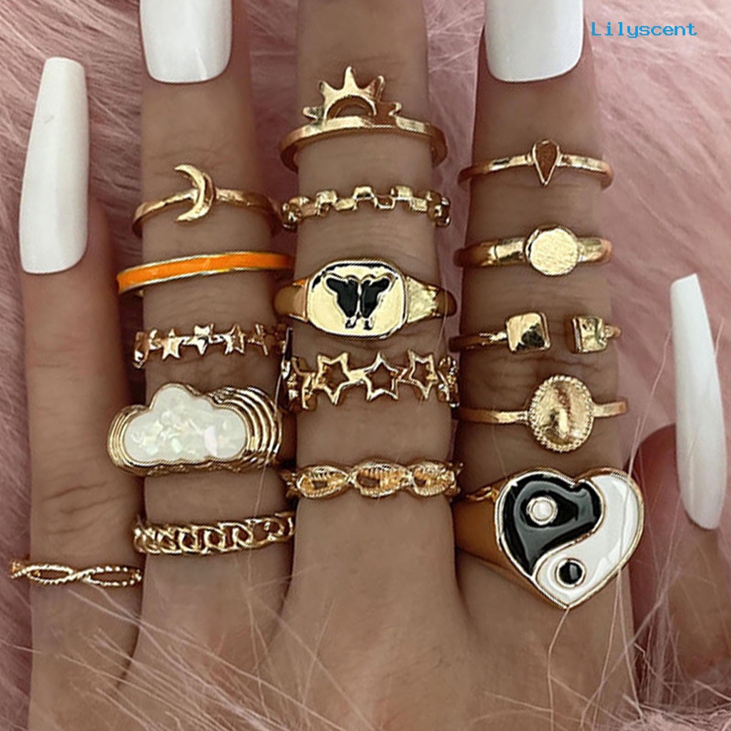 16pcs Cincin Knuckle Bentuk Yin Yang Multi Bentuk Stackable Untuk Wanita