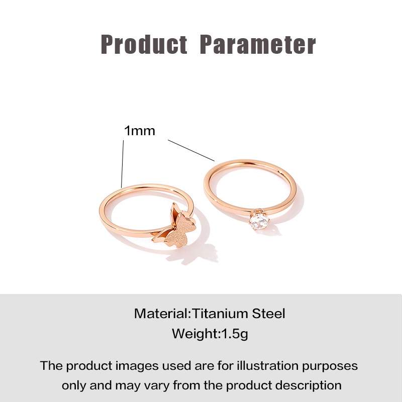 Cincin Bahan Titanium Steel Warna Rose Gold Desain Kupu-Kupu Ganda Gaya Korea