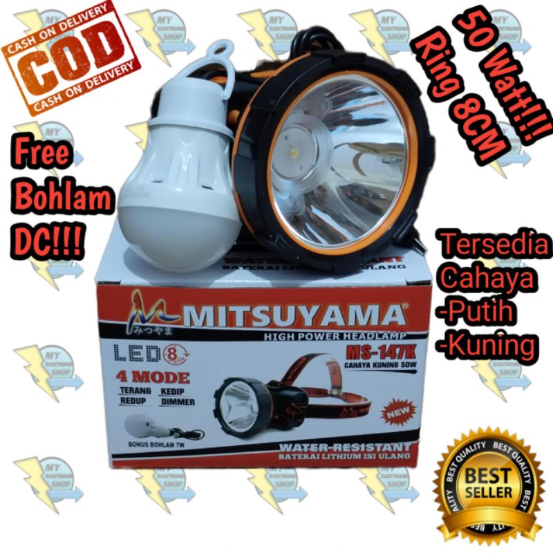 Senter Kepala LED 80Watt/50Watt MITSUYAMA MS-147P/K plus bohlam DC cahaya putih Headlamp 80W/50W Dimmer