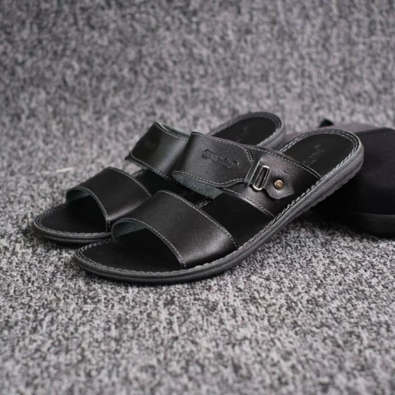 BRLN 005 Black Sandal Pria Casual Terbaru Full Kulit Asli Warna Hitam Sendal Selop Kerja Casual Santai