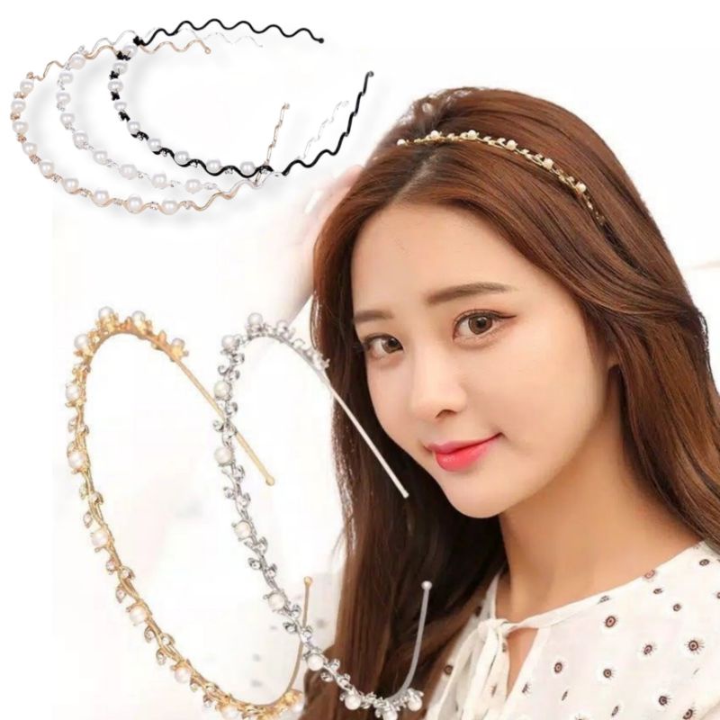 Bando Korea Mutiara Diamond Crystal Zircon Luxury Wave Korean Pearl Kristal Headband Hairband Headpiece Zigzag