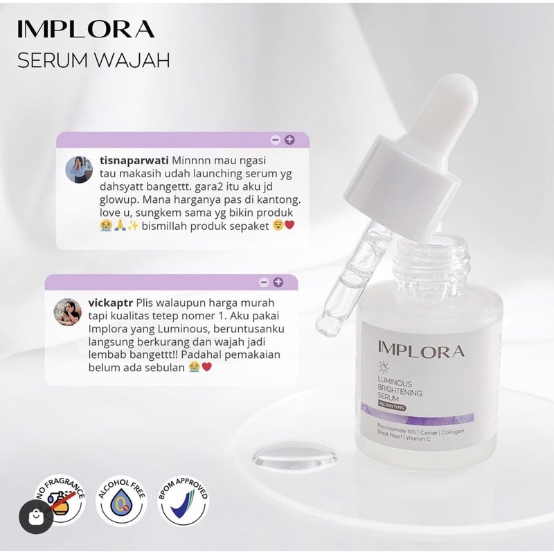 IMPLORA Serum Wajah 20ml BPOM - LUMINOUS BRIGHT| ACNE | PEELING | MIDNIGHT FACE SERUM IMPLORA