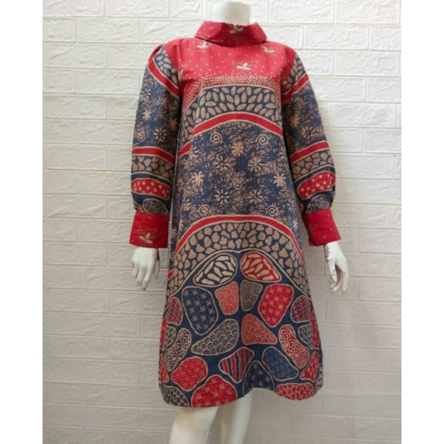 tunik batik wanita modern warna merah untuk kerja kantor