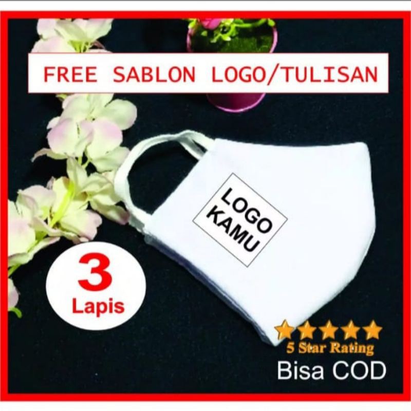 MASKER KAIN CUSTOM LOGO NAMA 3 PLY FREE SABLON BISA SATUAN MURAH