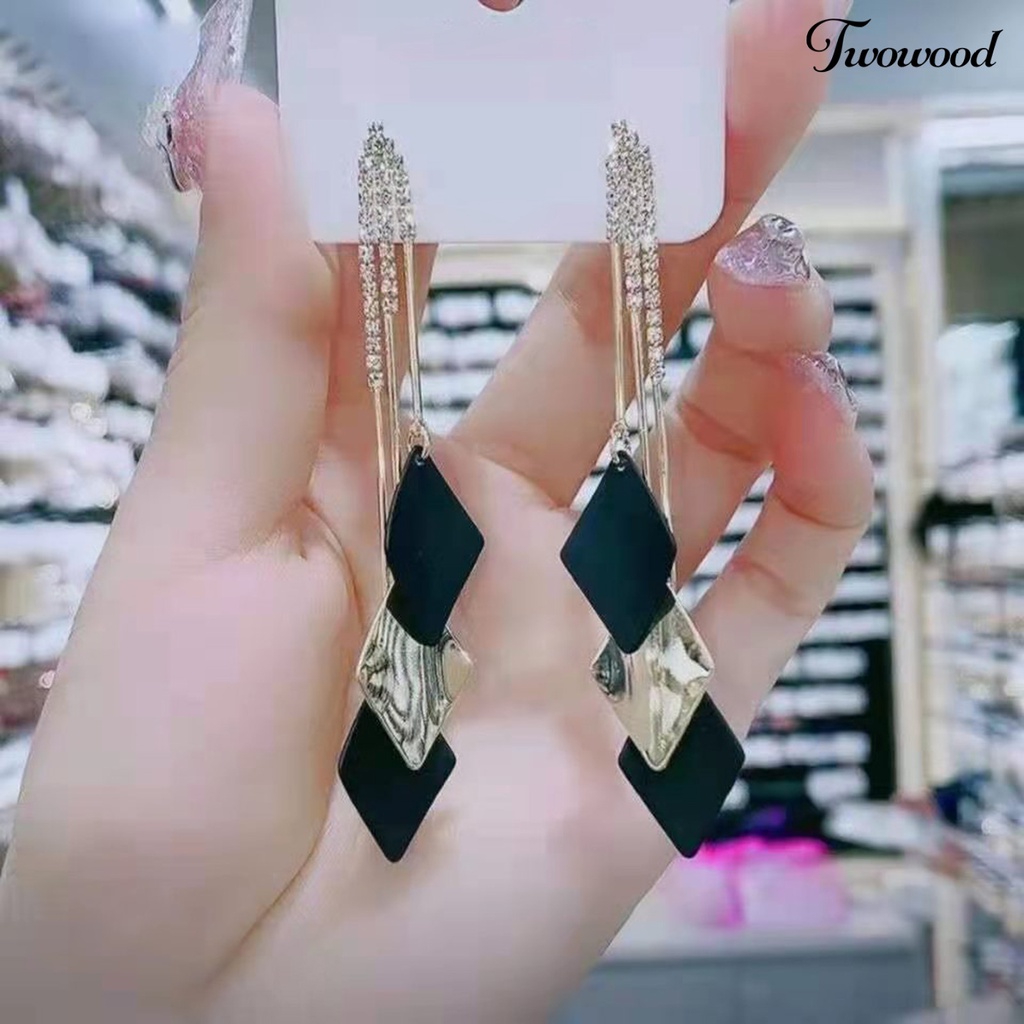 1 Pasang Anting Juntai Rumbai Geometris Aksen Berlian Imitasi Untuk Hadiah Wanita