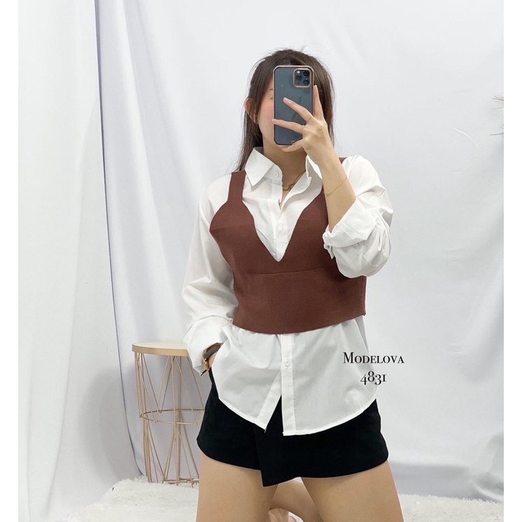 MDLV ~ 4831 NAVARRA PLAIN SHIRT W VEST 1SET KEMEJA &amp; VEST RAJUT PREMIUM FASHION IMPORT