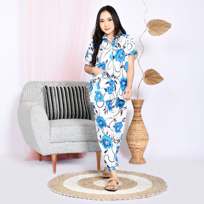 Baju Tidur Piyama Wanita Dewasa Motif Bunga CP Lengan Pendek Celana Panjang Kekinian