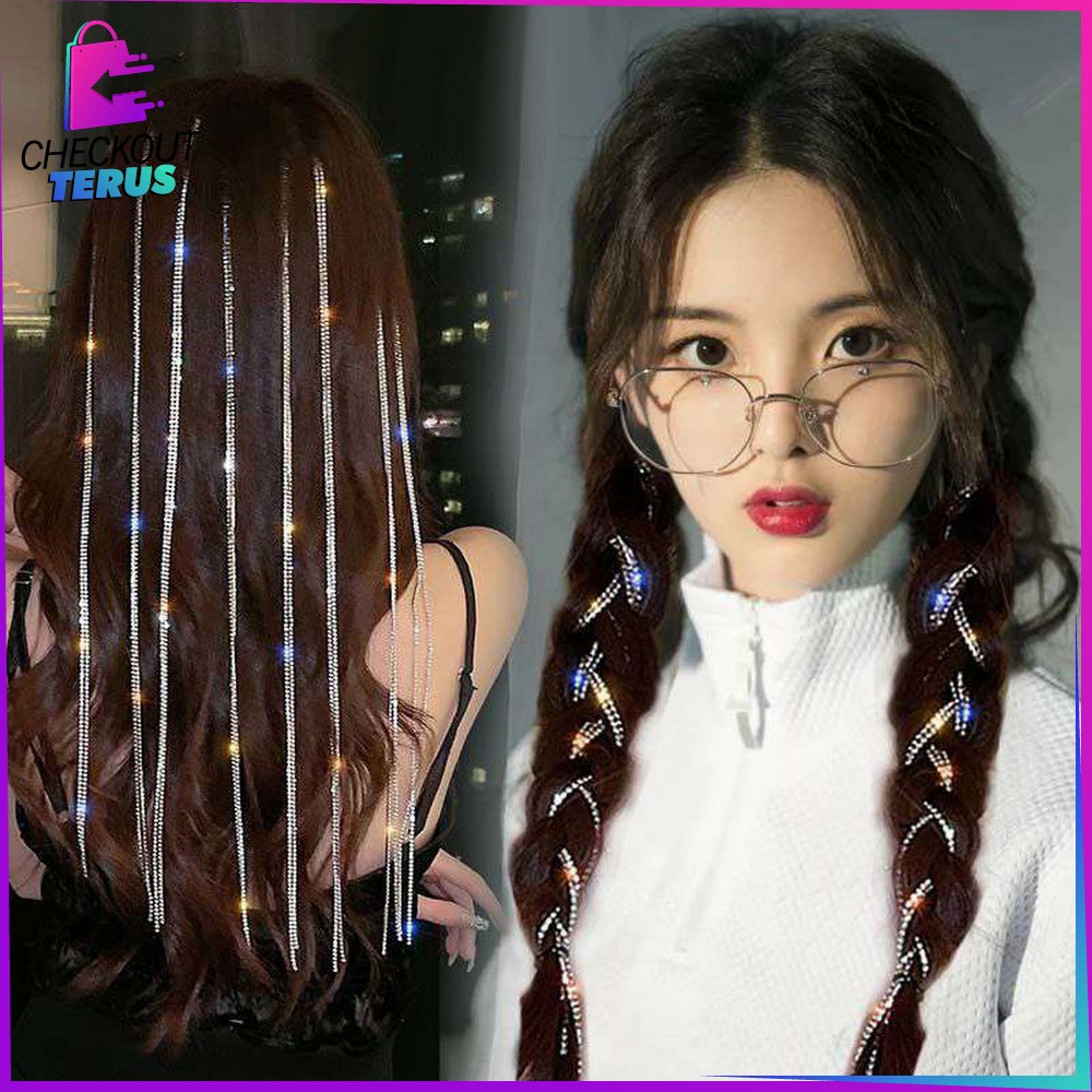 CT C492 Jepit Rambut Model Rantai Rumbai Korean Style Jepit Aksesoris Rambut Bling Bling Juntai Berlian Imitasi Wanita