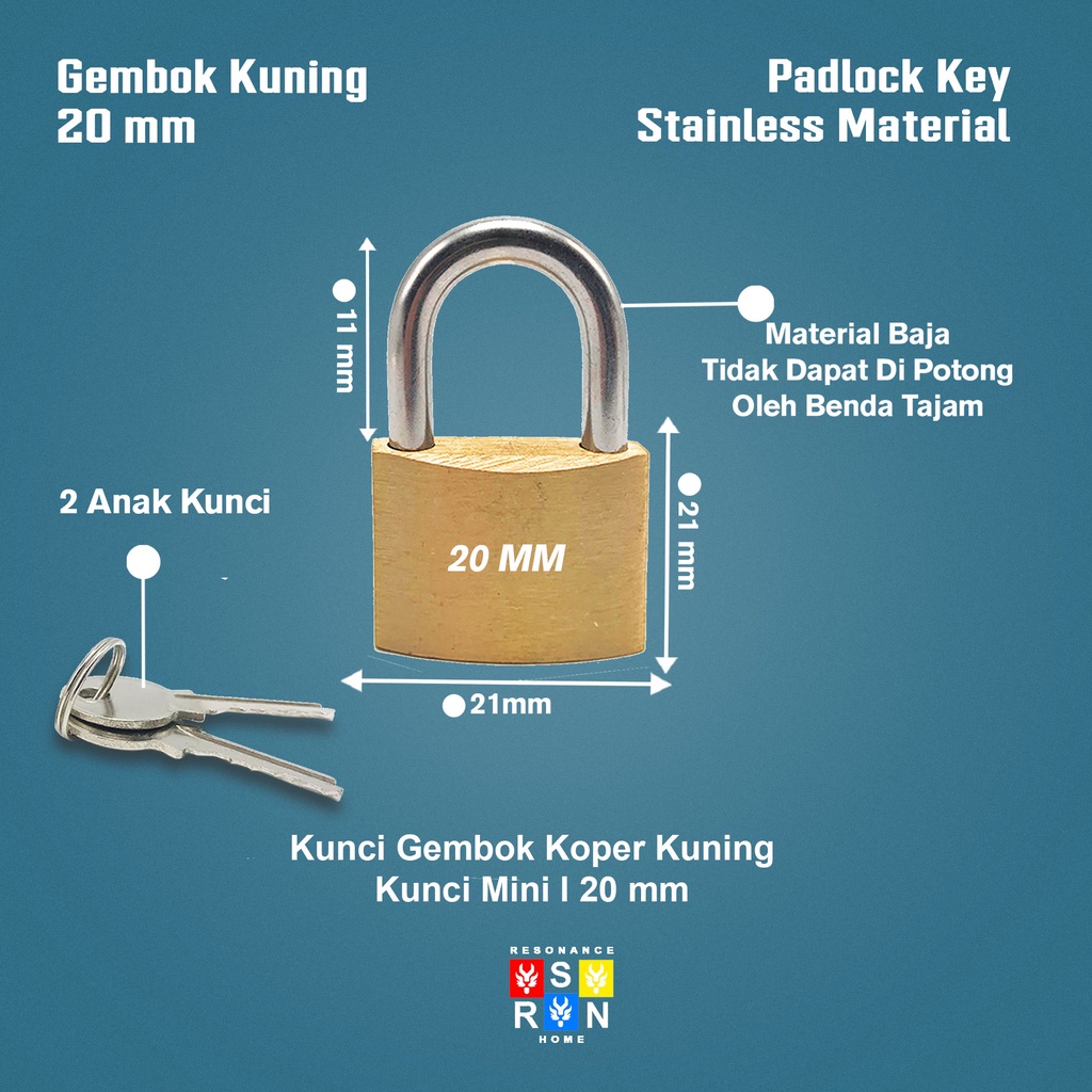 Kunci Gembok Koper Mini Kuning 20 mm Resonance Home