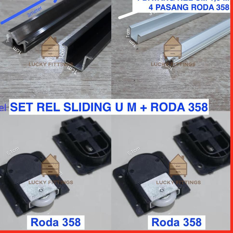 Terbaru SET Rel U M + Roda 358 Pintu Lemari Sliding 1,5 M X 4 / Kayu Baju Geser SD3141 VGE