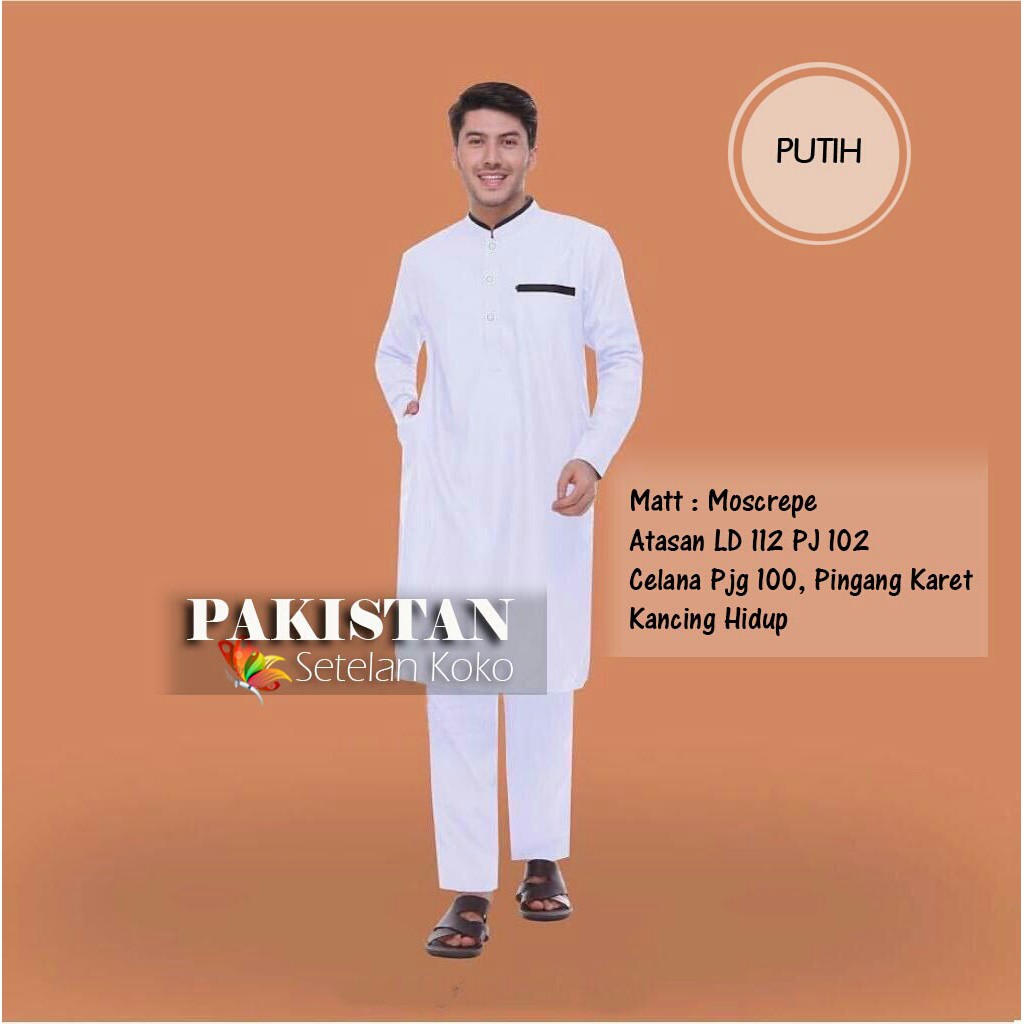 [COD] SETELAN BAJU KOKO PAKISTAN LENGAN PANJANG  SET GAMIS PRIA MUSLIM LEBARAN MOSCREPE TEBAL PUTIH