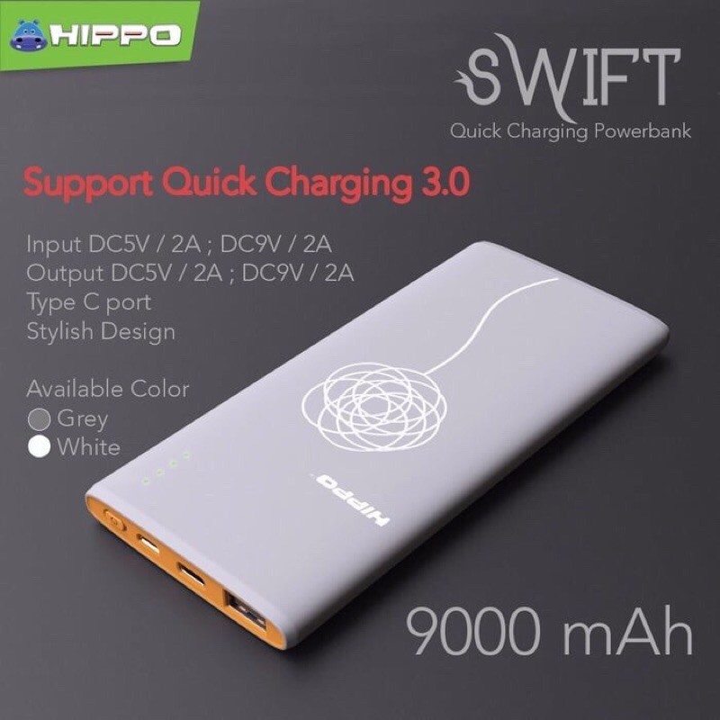 Hippo Power Bank Swift 9000mah FastQuick Charging 3.0 (QUALCOMM) Original Resmi