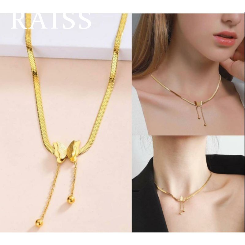 Kalung Titanium Kupu- kupu Gold Juntai Kalung Rantai Tulang Ular Liontin Kupu-Kupu Bahan Titanium Steel Warna Emas Untuk Wanita