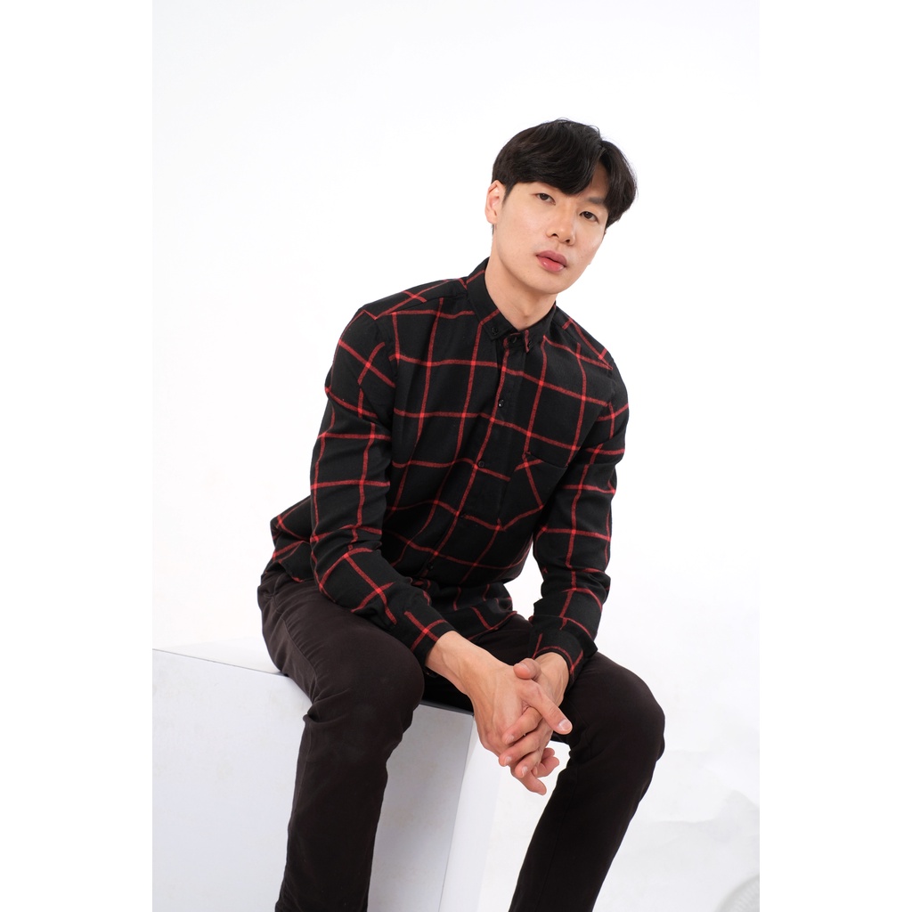 SANVANINA Kemeja Flanel Panjang Pria Unisex Distro | Flannel Squared Black Red - E-8003