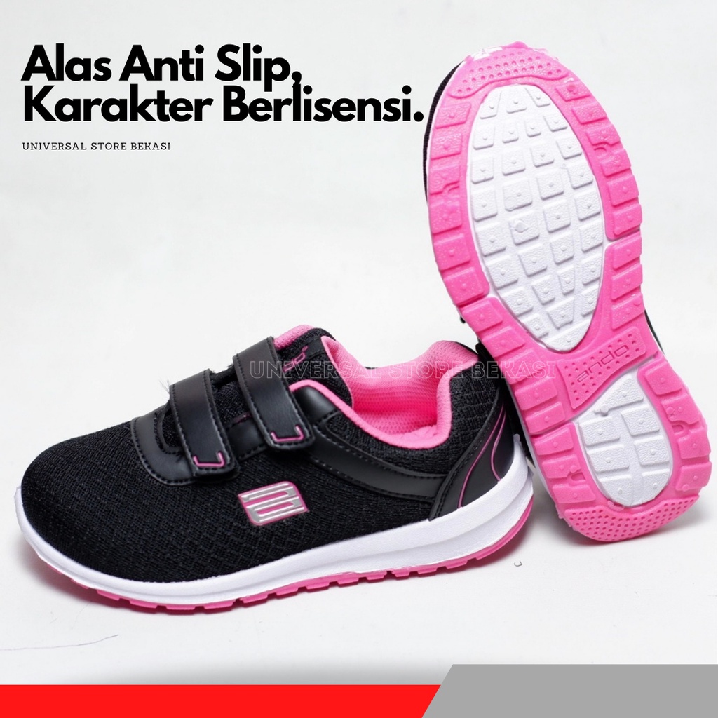 Sepatu Anak Sekolah Perempuan Paud TK Kelas 1 SD Anak-anak Cewek Kecil Ando Perekat Hitam Full Pink Spatu Sneakers Skolah Usia 4 5 6 7 Tahun Size 29 30 31 32 -Aida -