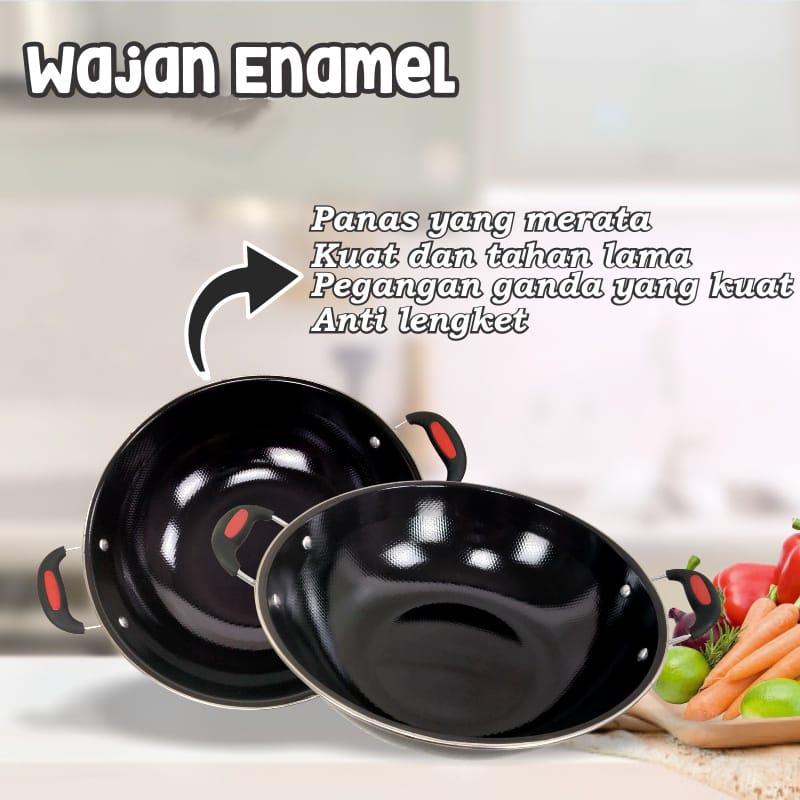 wajan penggorengan kuali masak enamel cm anti lengket 34cm 2 kuping