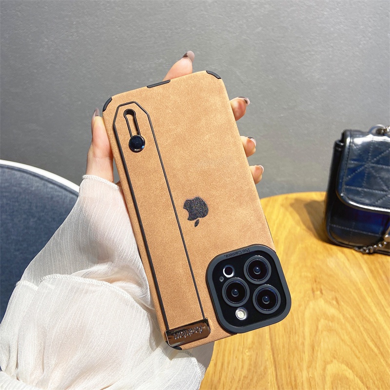 Soft case Pelindung Bahan Kulit Dengan Tali Pergelangan Tangan Tahan Banting Untuk iphone 11 pro max 12 13 pro max X Xs max XR