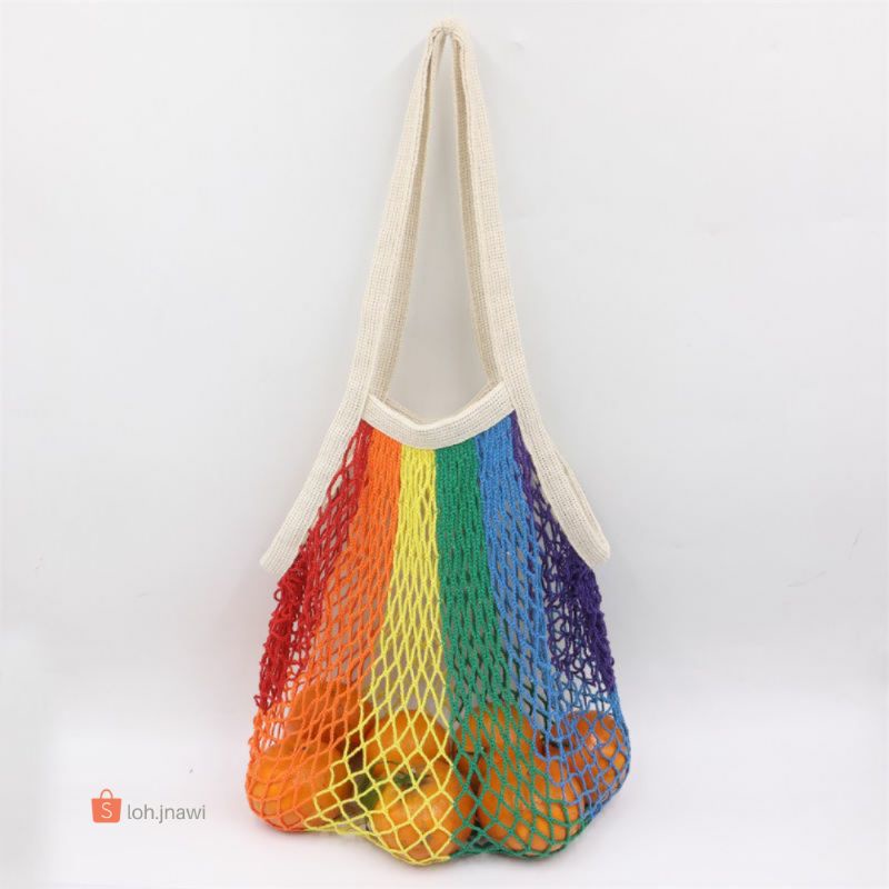 Tas Belanja Jaring Katun Motif Rainbow Tas Jaring Tas Pantai Reusable Bag Cotton Mesh Bag Net Bag Grocery Bag Fishing Net Tote Bag Tas Ramah Lingkungan