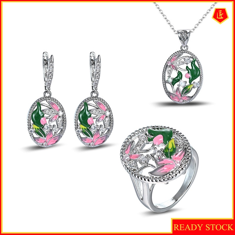 [Ready Stock]Oval Flower Rhinestone-Embedded Ring Earrings and Necklace Set