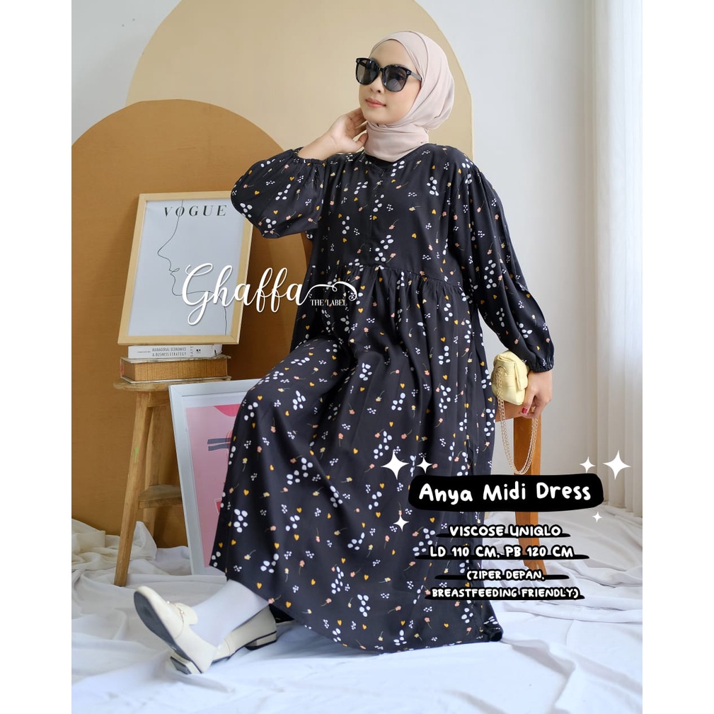 MIDI DRESS/GAMIS DENGAN ZIPPER DEPAN BUSUI FRIENDLY ~ BAHAN VISCOSE UNIQL0 ~ ANYA MIDI DRESS ORIGINA
