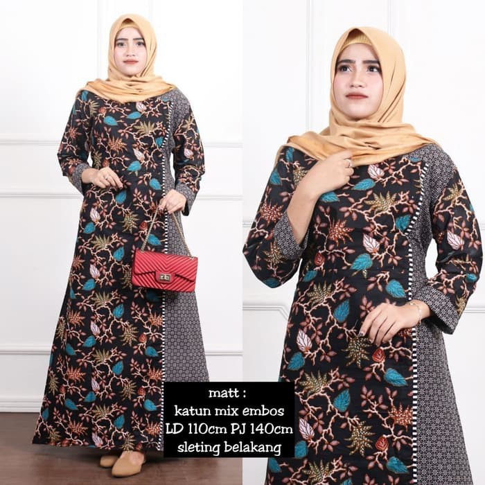 Baju dress gamis wanita batik kombi bunga ukuran xxl ld 110