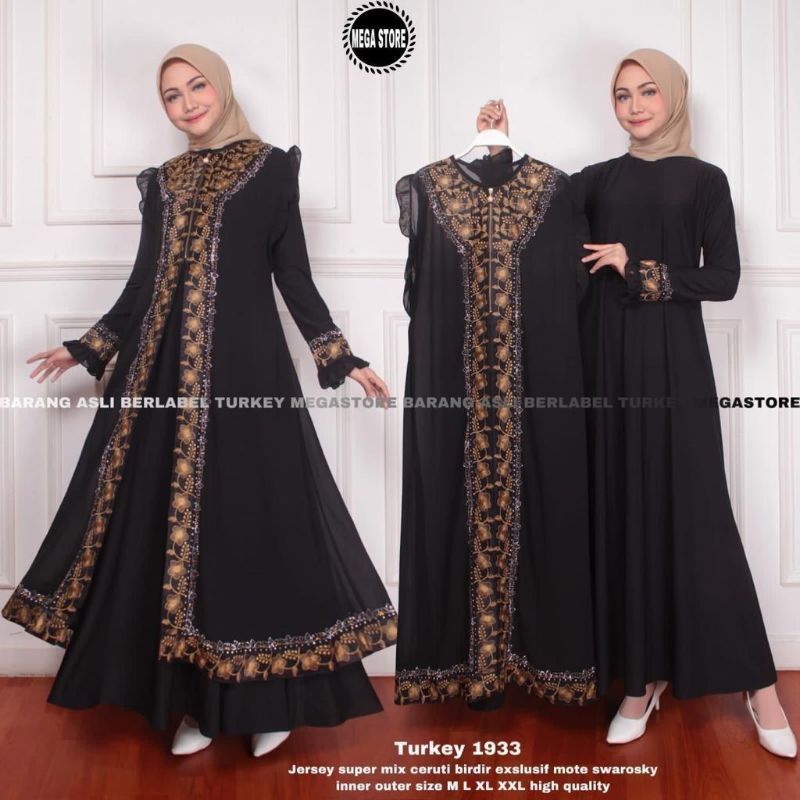 Gamis Dress Dres Abaya Turkey Turki 1933 Hitam Premium Ori Original Megastore Terbaru