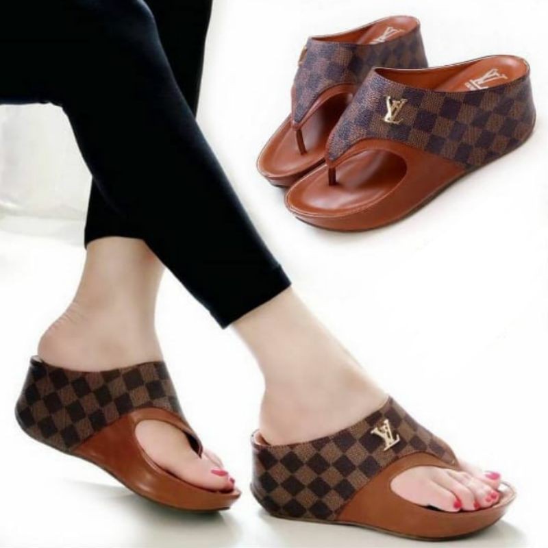 sandal wanita jepit wedges kotak kotak