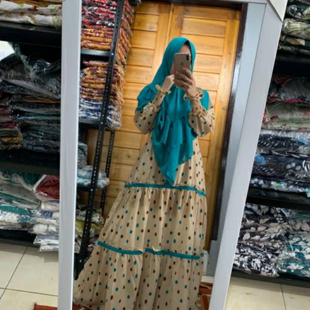 Gamis monalisa set khimar ceruty 2 layer TERLARIS/MOTIF POLKA