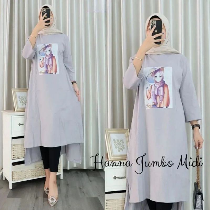 Hanna midi/baju midi wanita muslimah terlaris bahan combed 24s aplikasi sablon