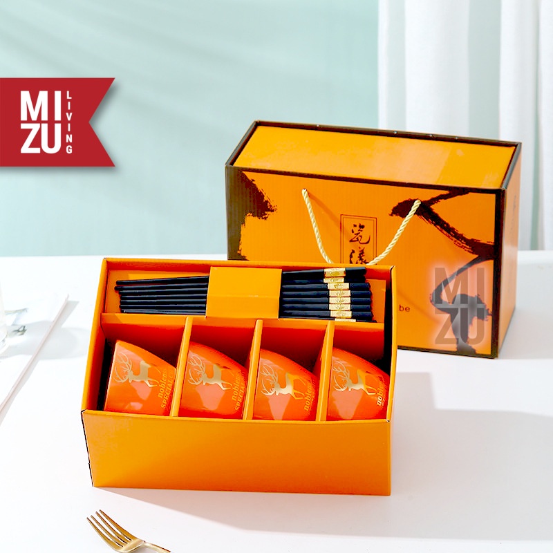 MIZU HIRSCH 4SET Modern Ceramic Bowl Chopsticks Gift Set Mangkok Sumpit