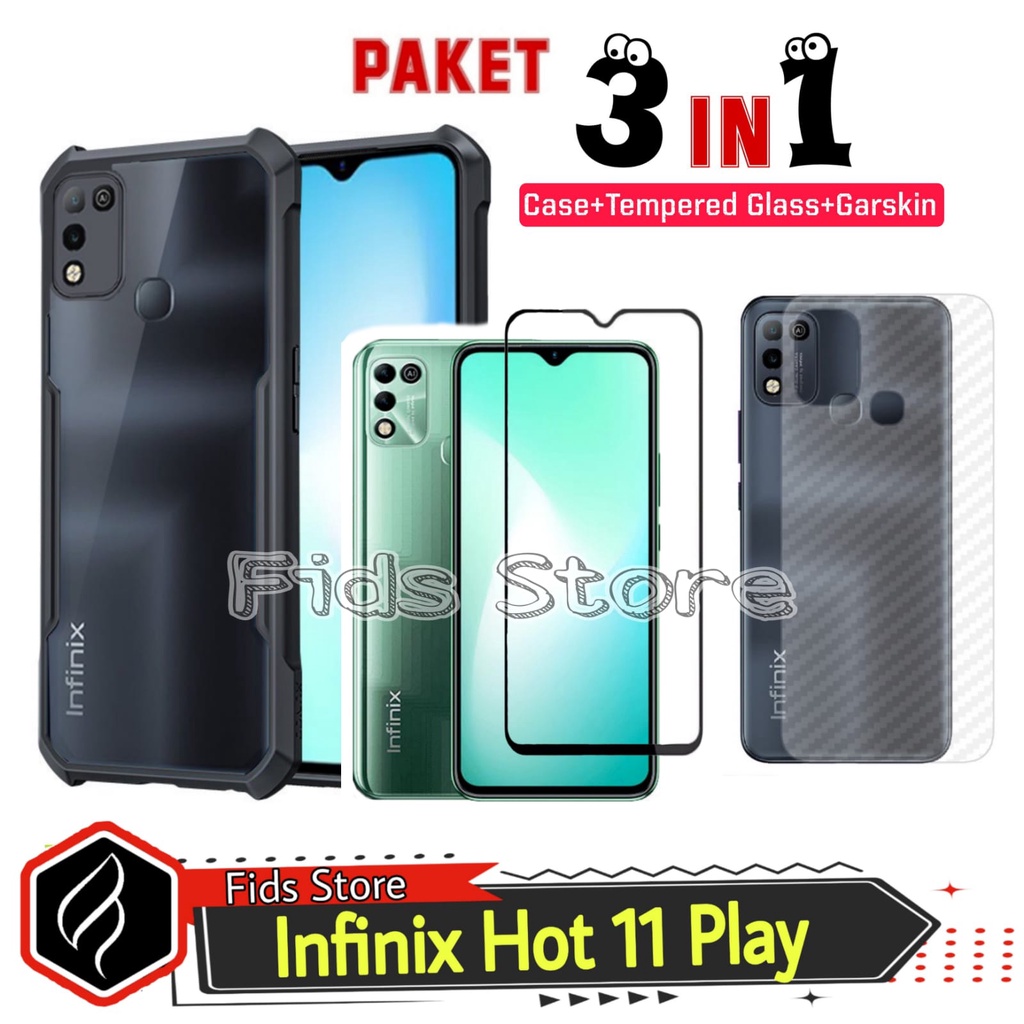 PROMO 3in1 INFINIX HOT 11 / INFINIX HOT 11 Play Case Shockproof  Free Tempered Glass Layar &amp; Garskin Karbon