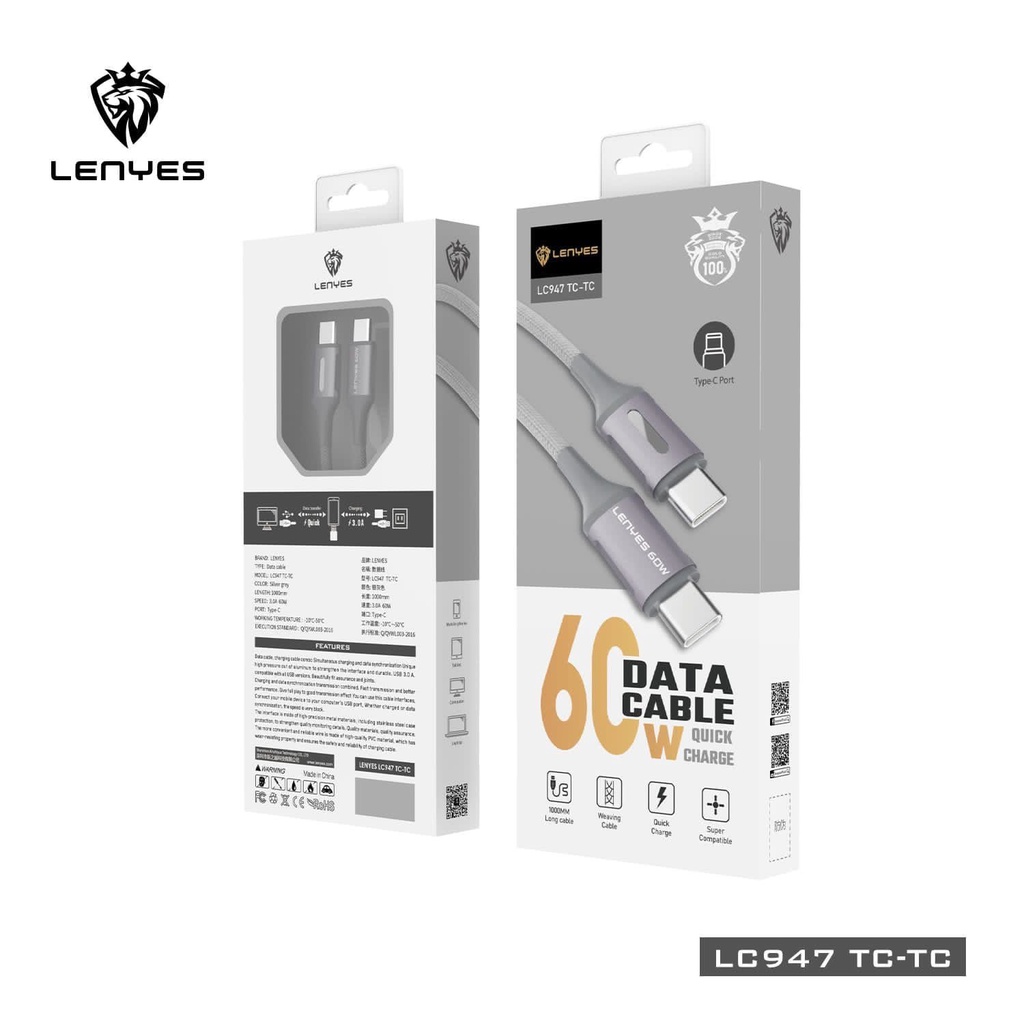 LENYES LC947 60W Data Cable Fast Charging QC 3.0 Type C to Type C Kabel Data Charger Nylon Material