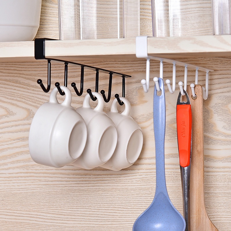 6 Hooks Cup Holder Hang Kitchen Cabinet Under Shelf Storage Rack Organiser Hook OW