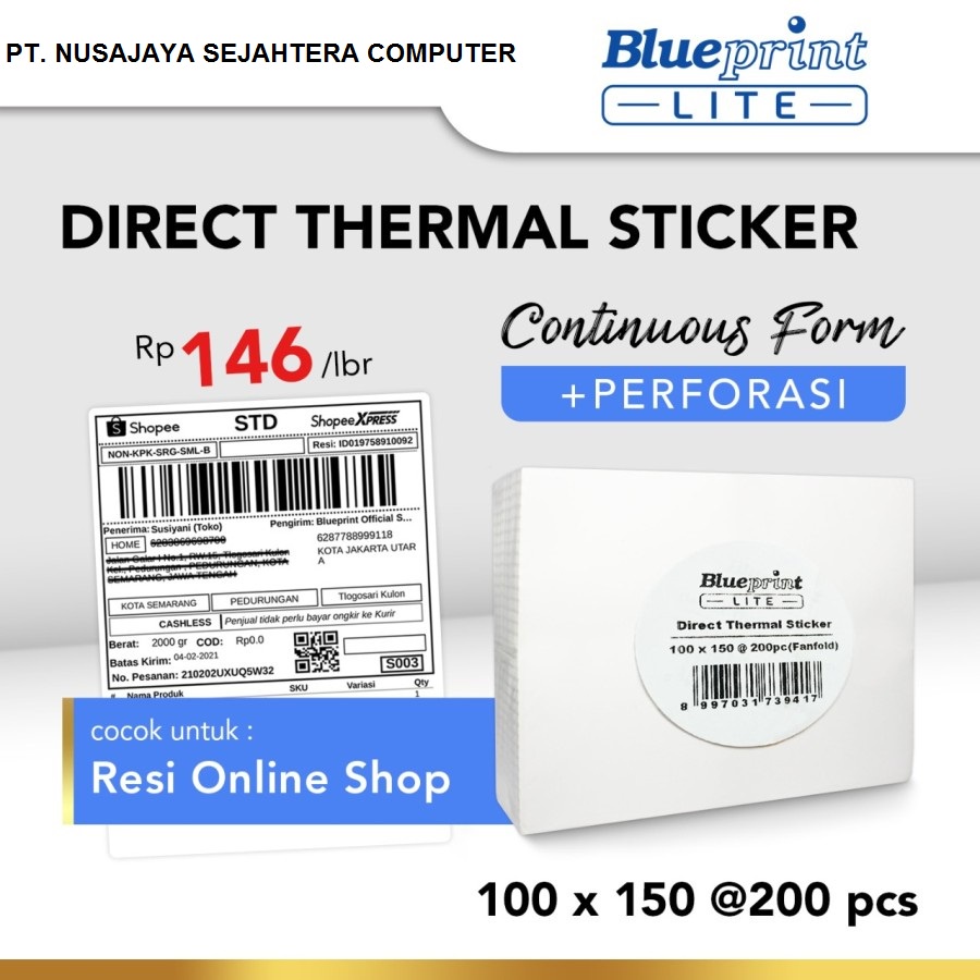 

Direct Thermal Sticker Label Resi BLUEPRINT Lite 100x150 mm 200Pcs CF