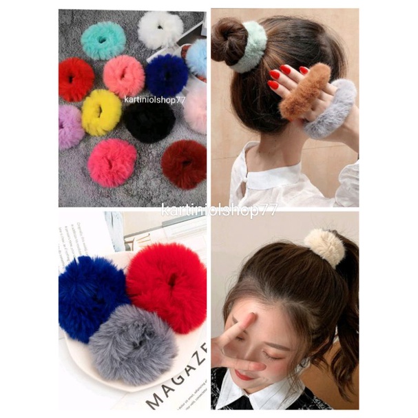 Ikat Rambut Scrunchie Bulu Kekinian // Ikat Rambut Korea Kekinian