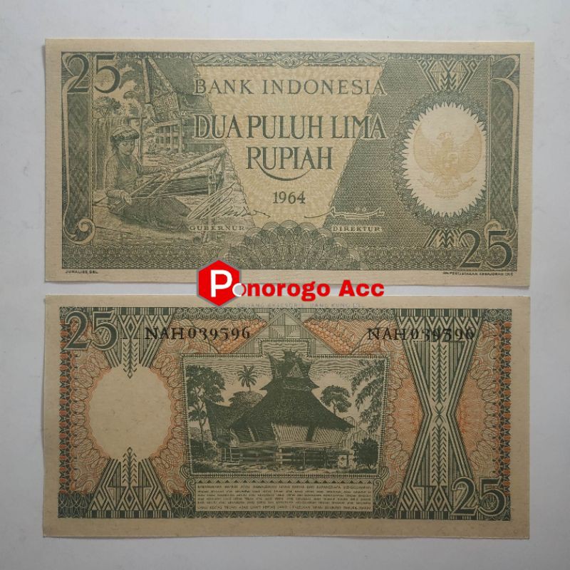 (GRESS/AU/UNC) Uang kuno 25 rupiah seri pekerja tahun 1964 rp.25 bahan mahar nikah 21 2021 rupiah