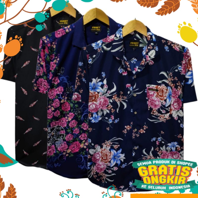 Hitam putih biru merah panjang besar jumbo big size / KEMEJA DISTRO KEMEJA PRIA MOTIF BUNGA BEST WOO