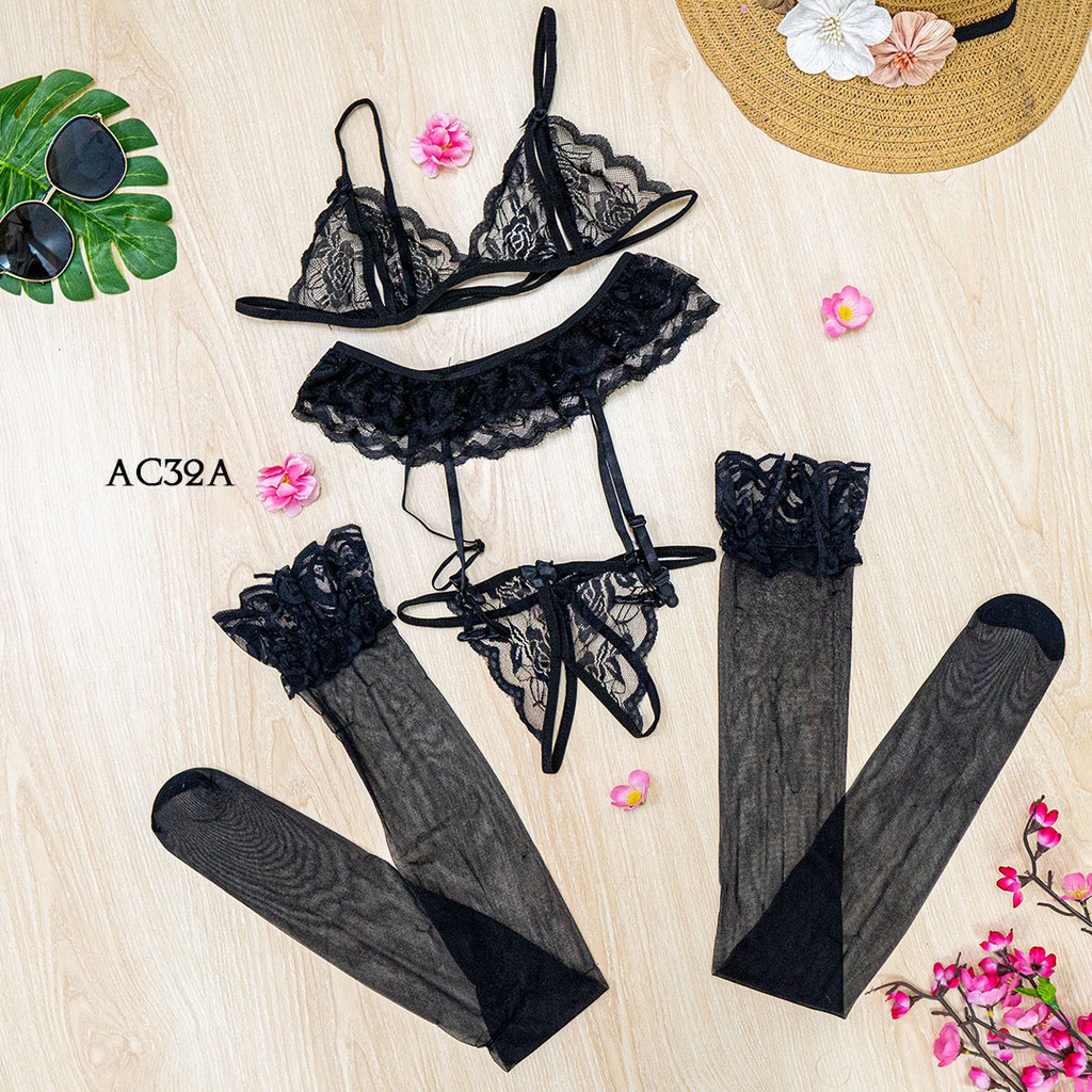 [BISA COD] BRA CD G STRING + STOCKING SEXY + GARTER BELT HITAM AC32A