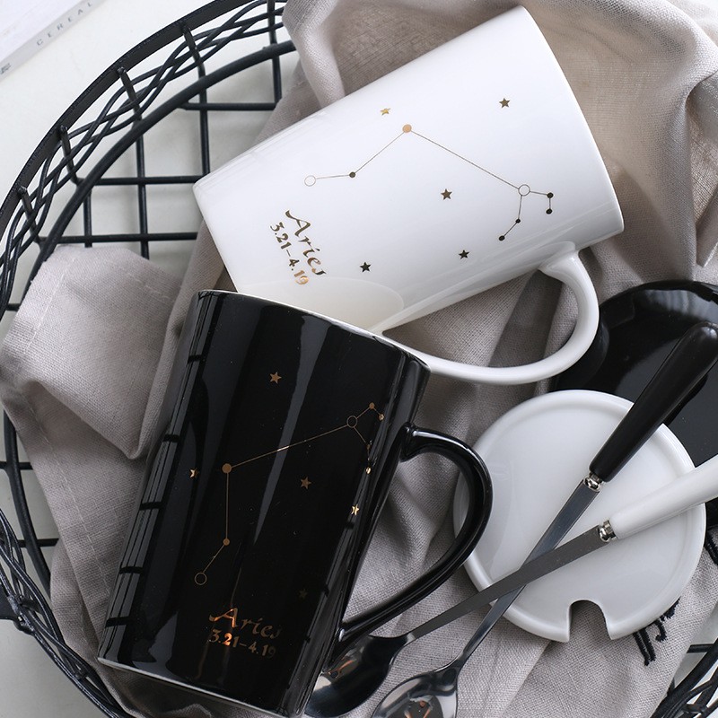 Zodiac Mug Gelas Bermotif Zodiac SET dengan Sendok dan Tutup Keramik